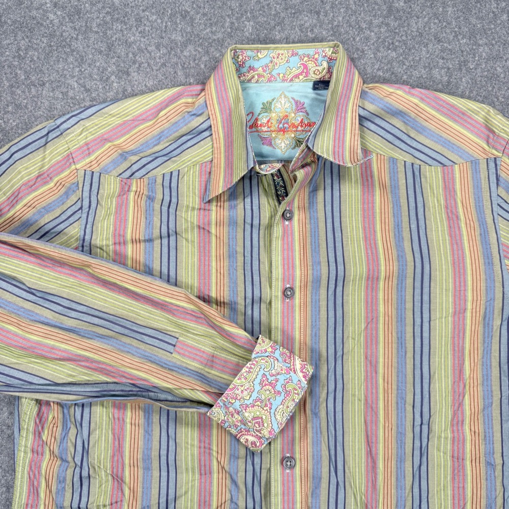 Robert Graham Mens Large Multi Color Striped Paisley Contrast Button Down Shirt